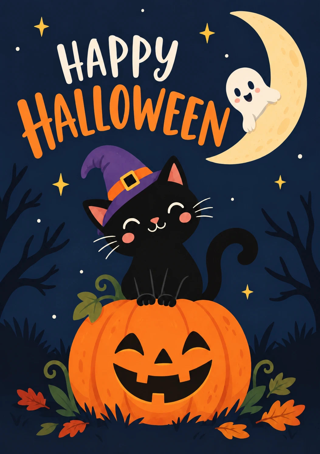 Cute Black Cat and Jack-o-Lantern Halloween Card