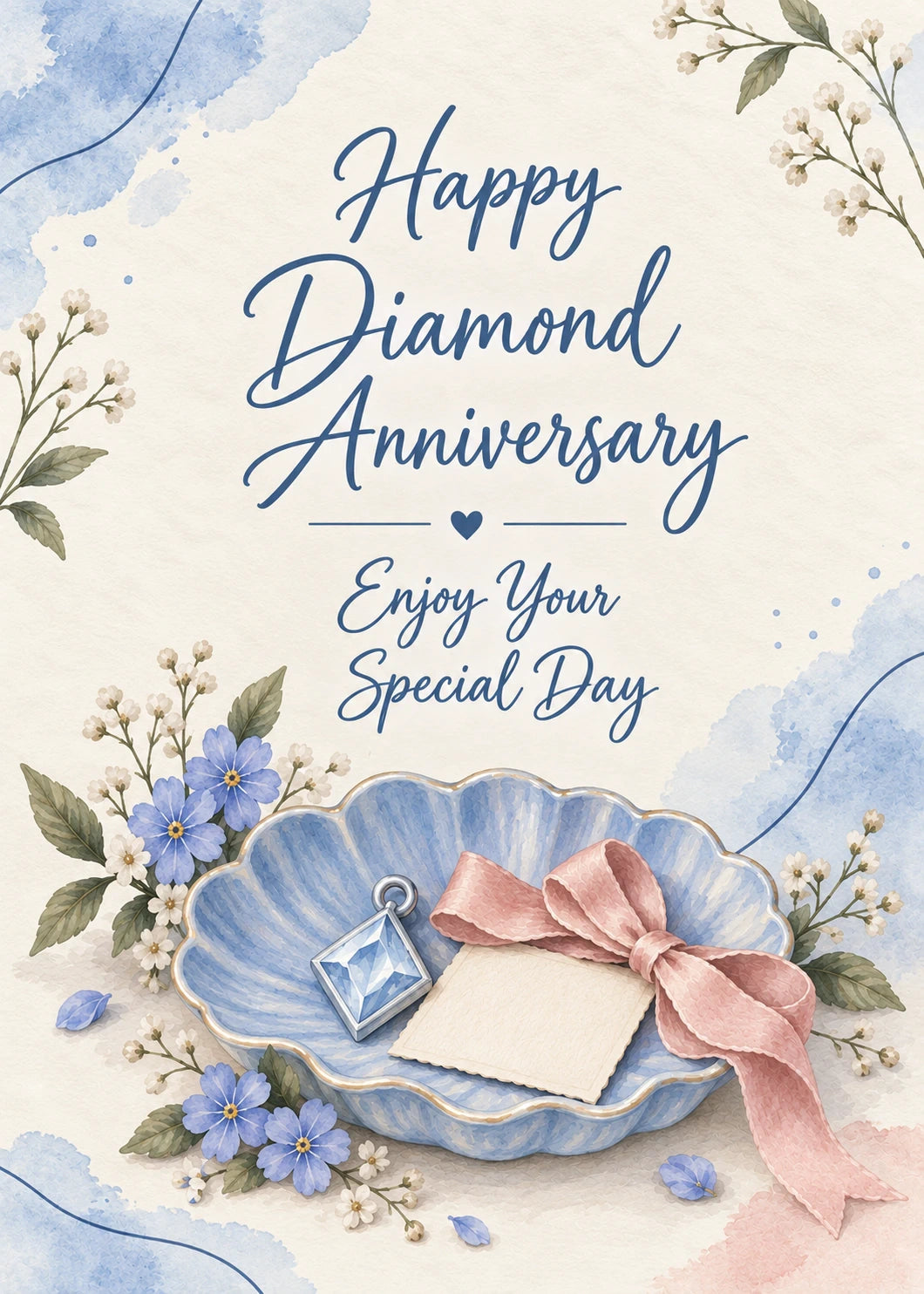 Blue Floral Shell Diamond 60th Anniversary Card for Her