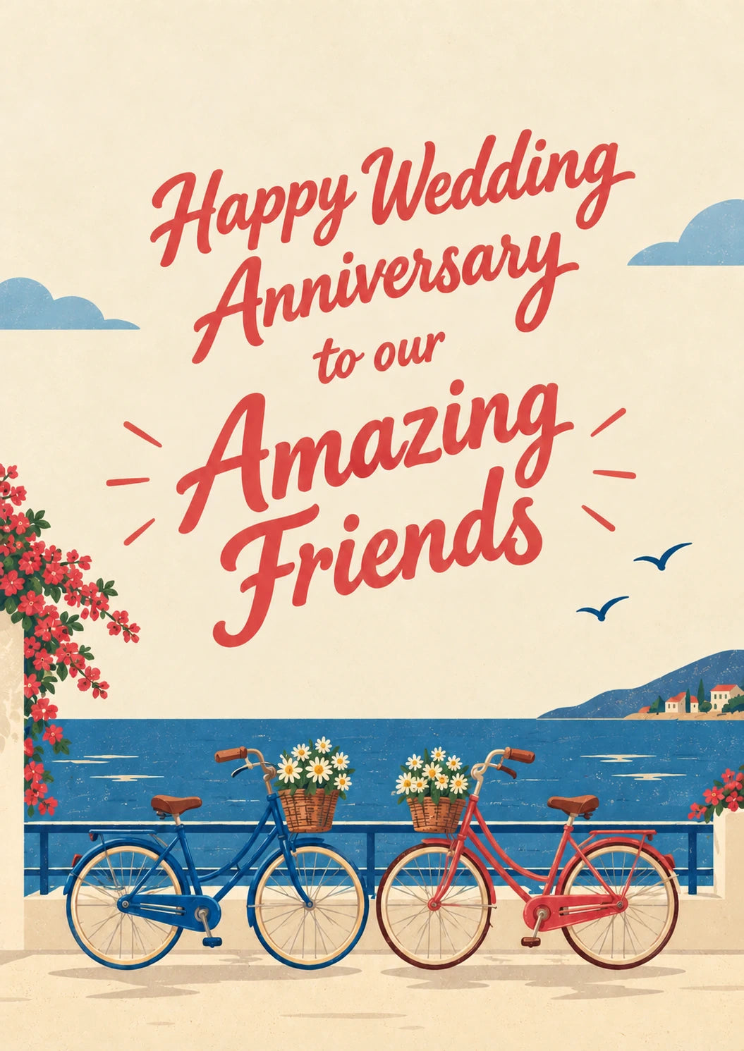 Coastal Bicycles with Flowers Friends Anniversary Card