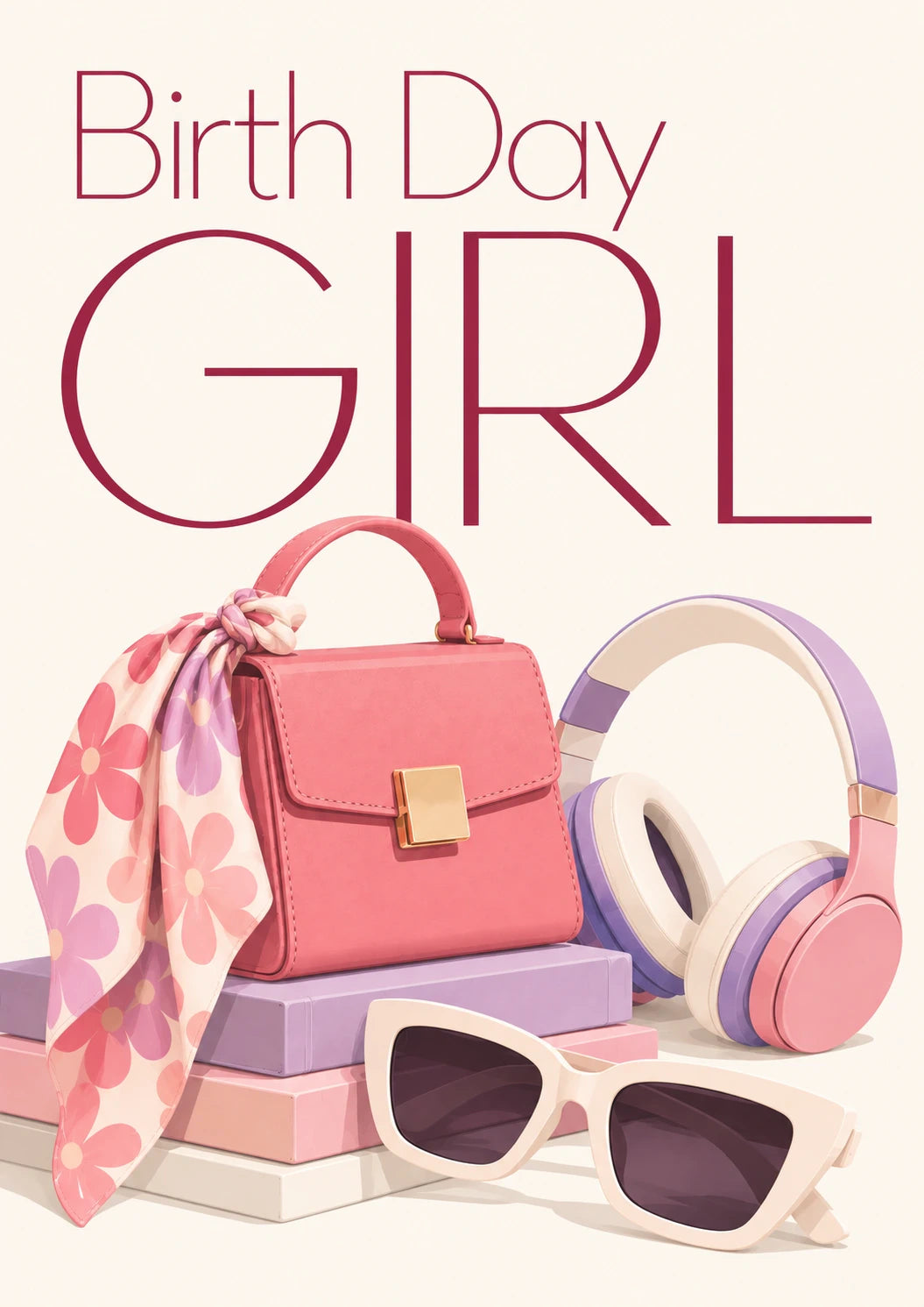 Pink Handbag and Headphones Birthday Card for Her