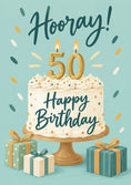 Load image into Gallery viewer, Hooray Gold 50 Cake and Gifts 50th Birthday Card
