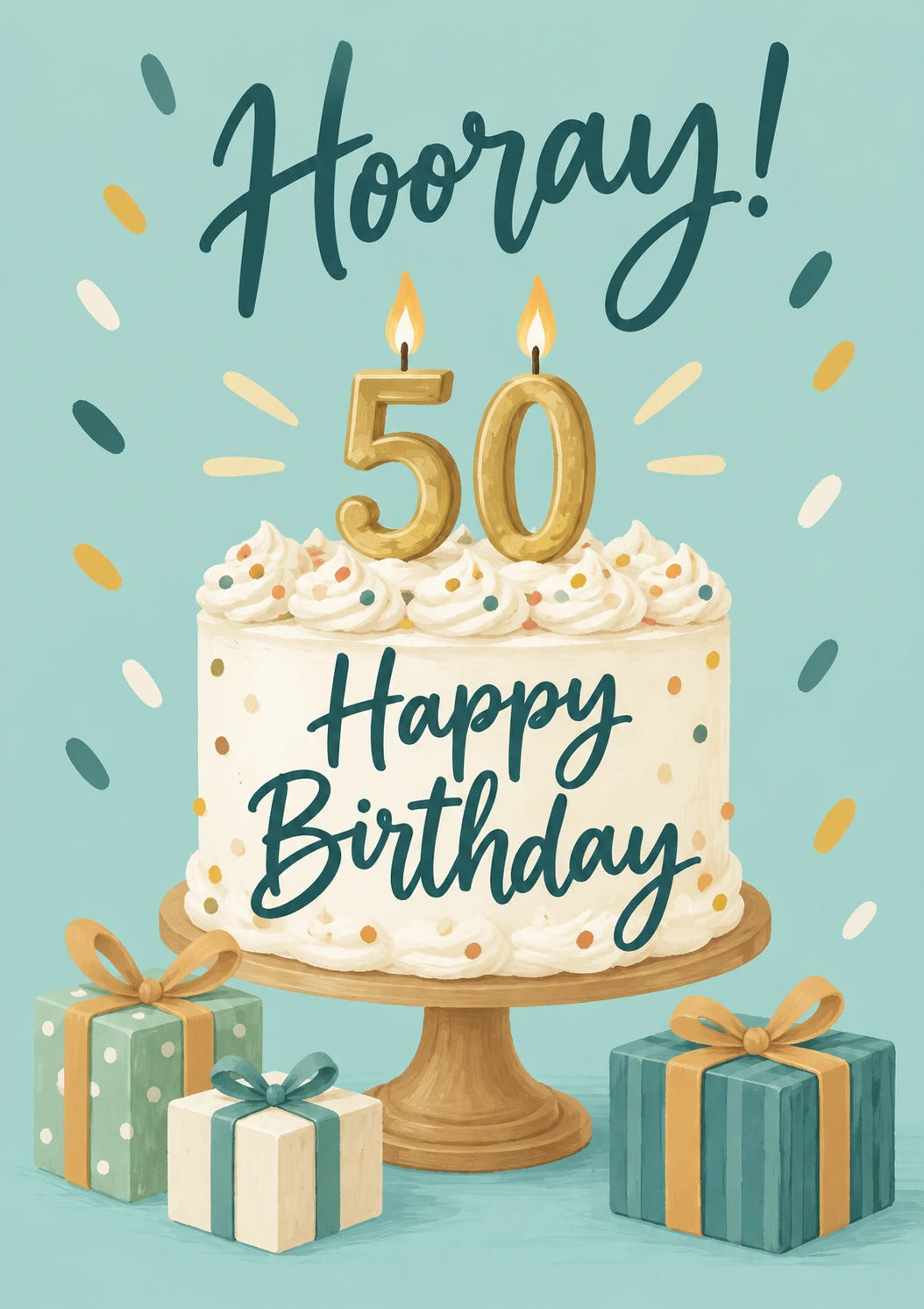 Hooray Gold 50 Cake and Gifts 50th Birthday Card
