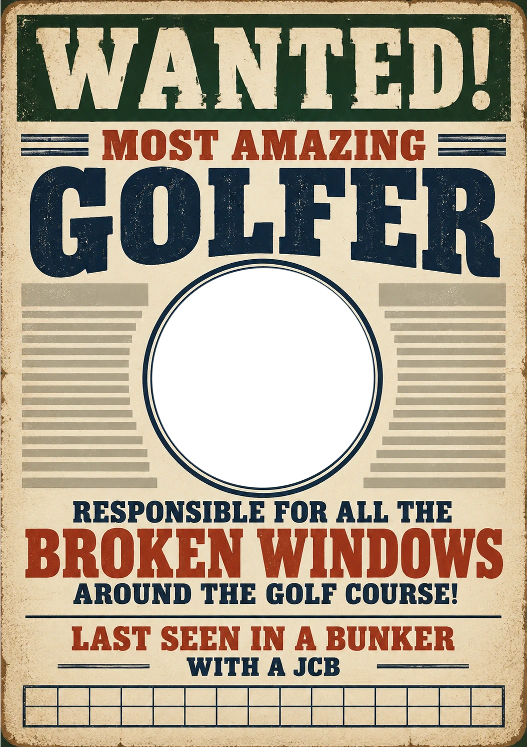 Funny Wanted Poster Golfer Photo Upload Birthday Card for Him