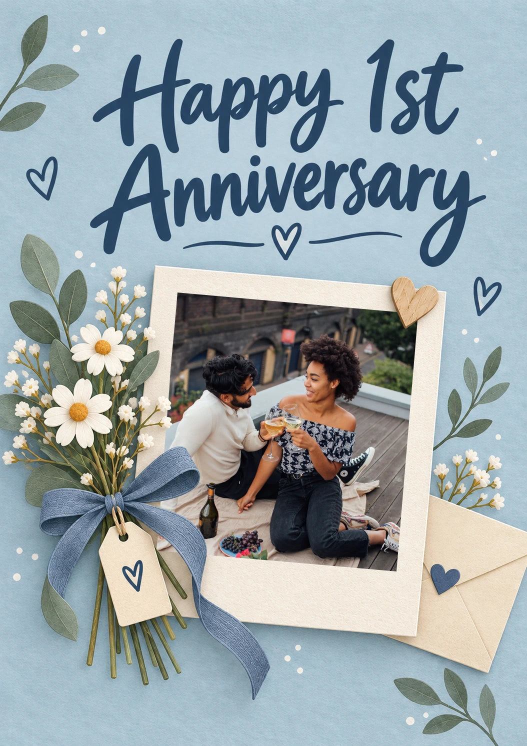 Blue Floral Daisy Bouquet Photo Upload 1st Anniversary Card for Her