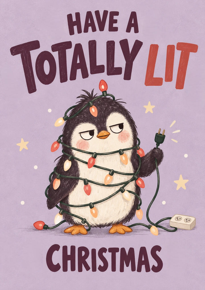 Funny Penguin Wrapped in Christmas Lights Christmas Card