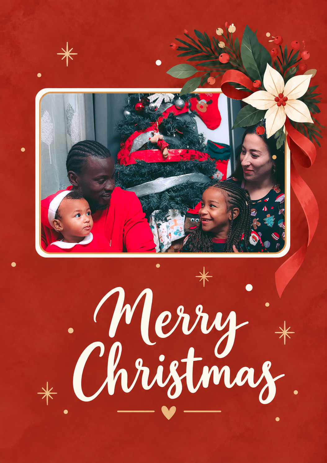 Red Poinsettia Floral Photo Upload Christmas Card for Parents