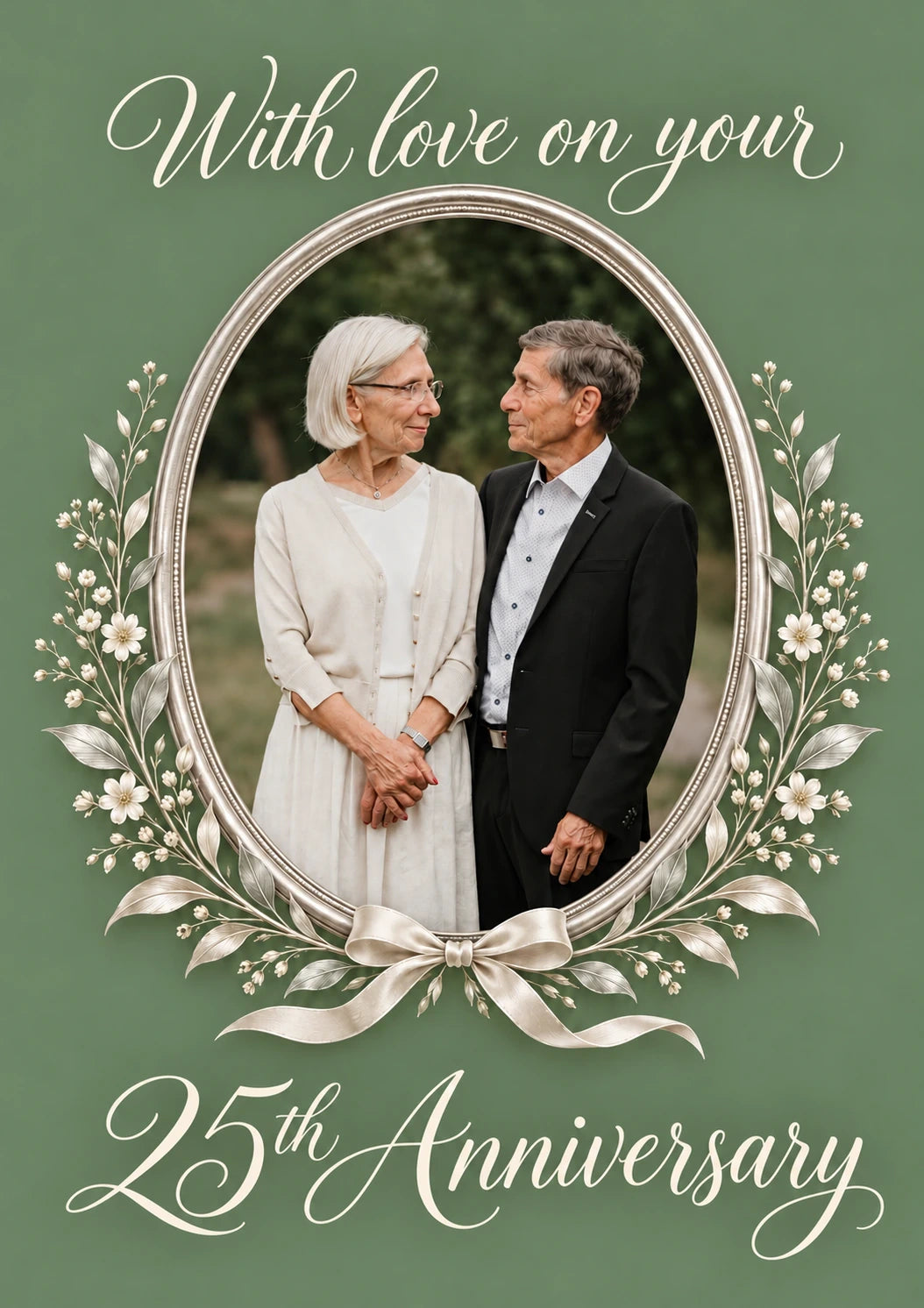 Silver Floral Oval Frame Photo Upload 25th Anniversary Card for Mum and Dad