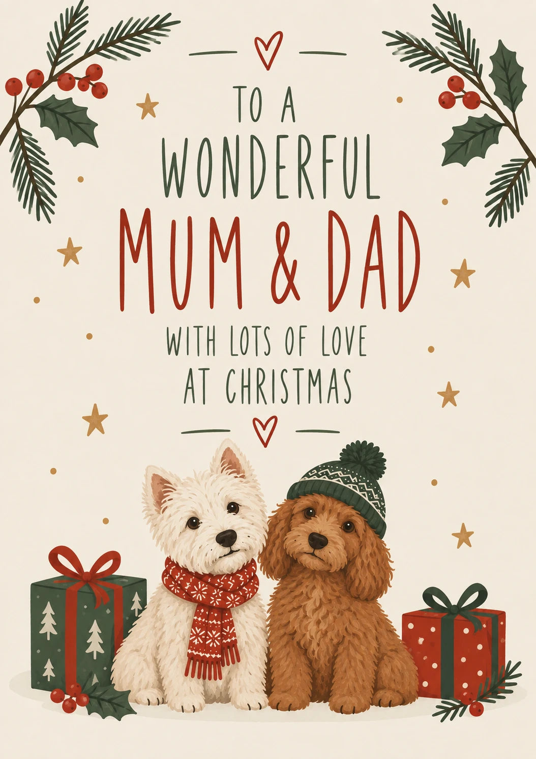 Cute Dogs in Christmas Hats Mum & Dad Christmas Card