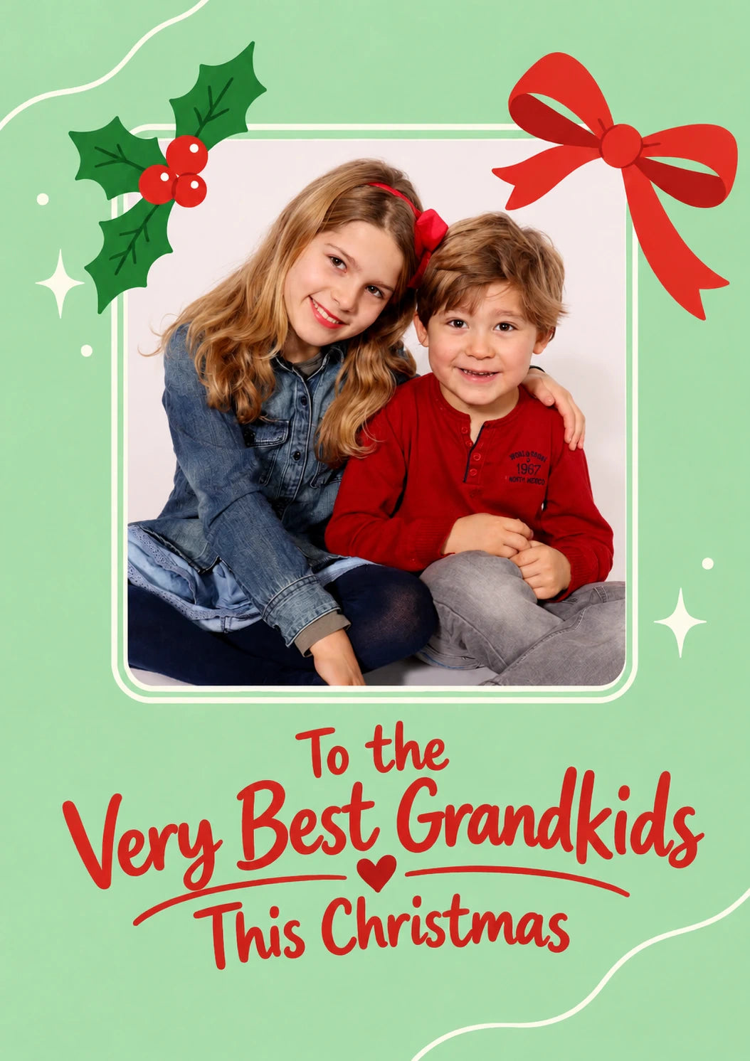 Holly Bow Very Best Grandkids Photo Upload Christmas Card for Grandson