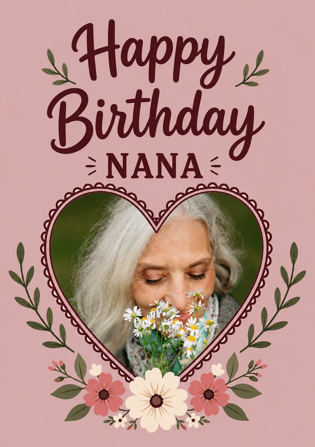 Floral Heart Happy Birthday Nana Photo Upload Birthday Card for Her