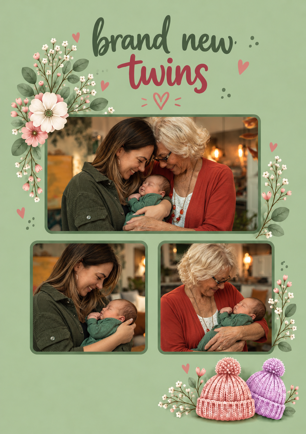 Sage Green Floral Twins Photo Upload New Baby Card for Granddaughter