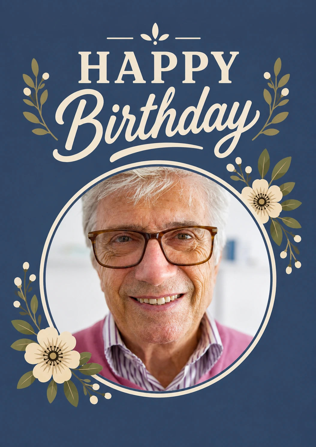 Navy Blue Floral Frame Photo Upload 75th Birthday Card for Him