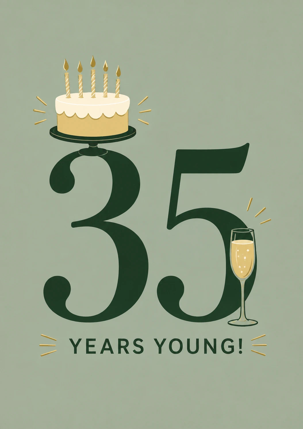 35 Years Young Cake and Champagne Birthday Card