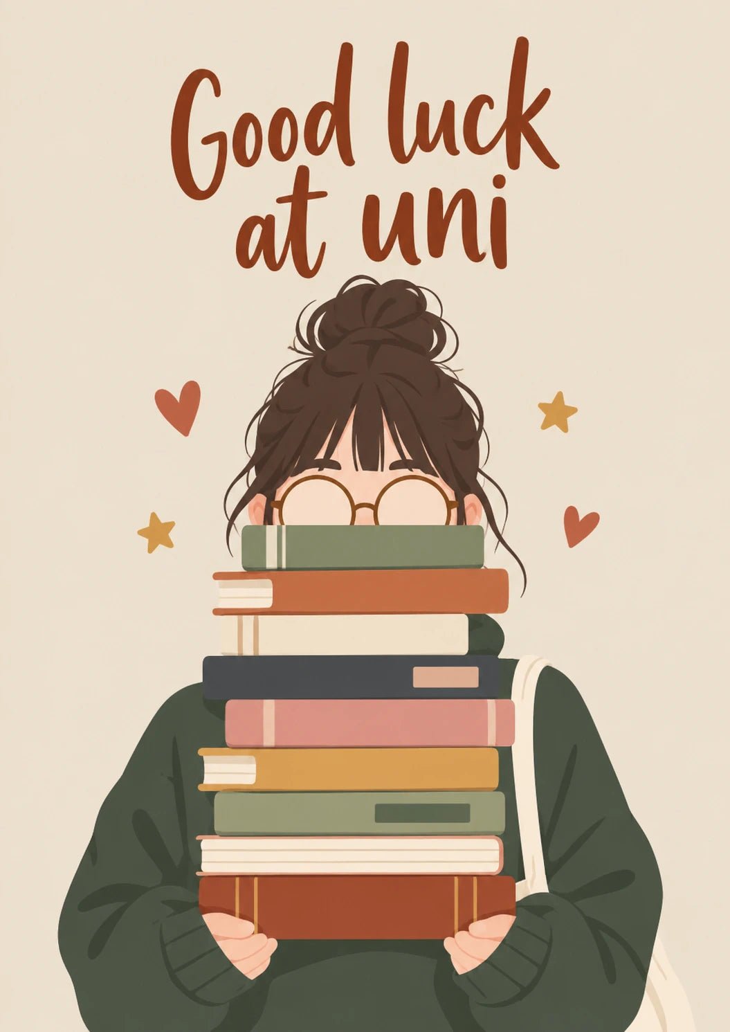 Girl with Stack of Books Good Luck at Uni Card for Her