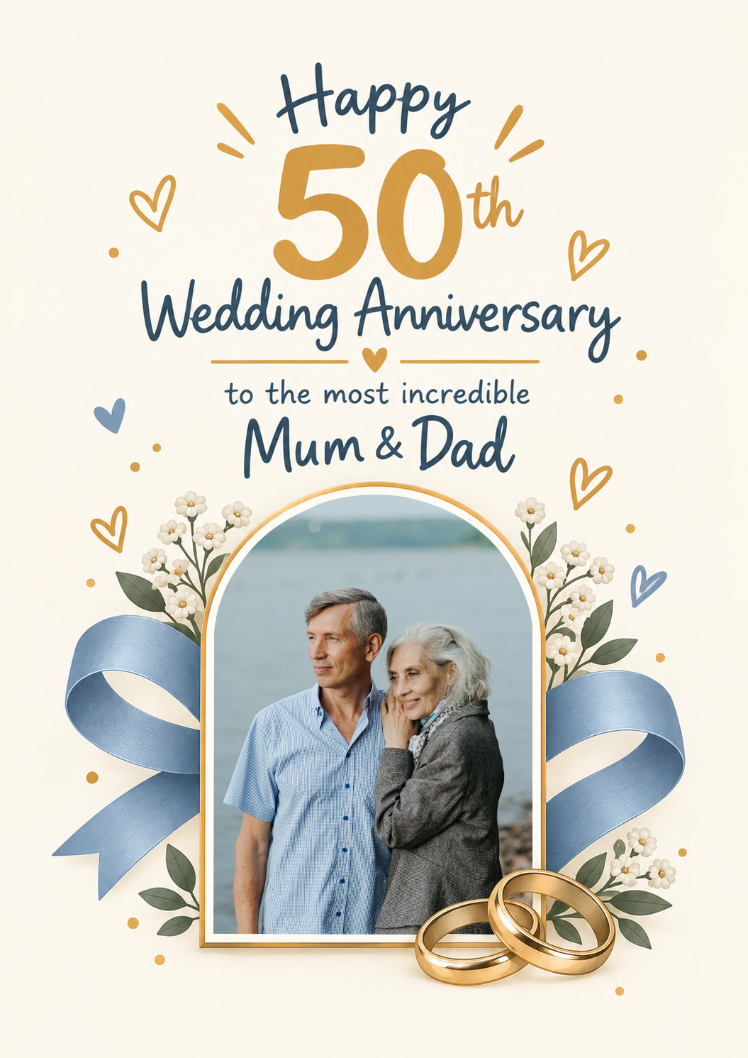 Gold Rings Floral 50th Photo Upload Anniversary Card for Mum and Dad