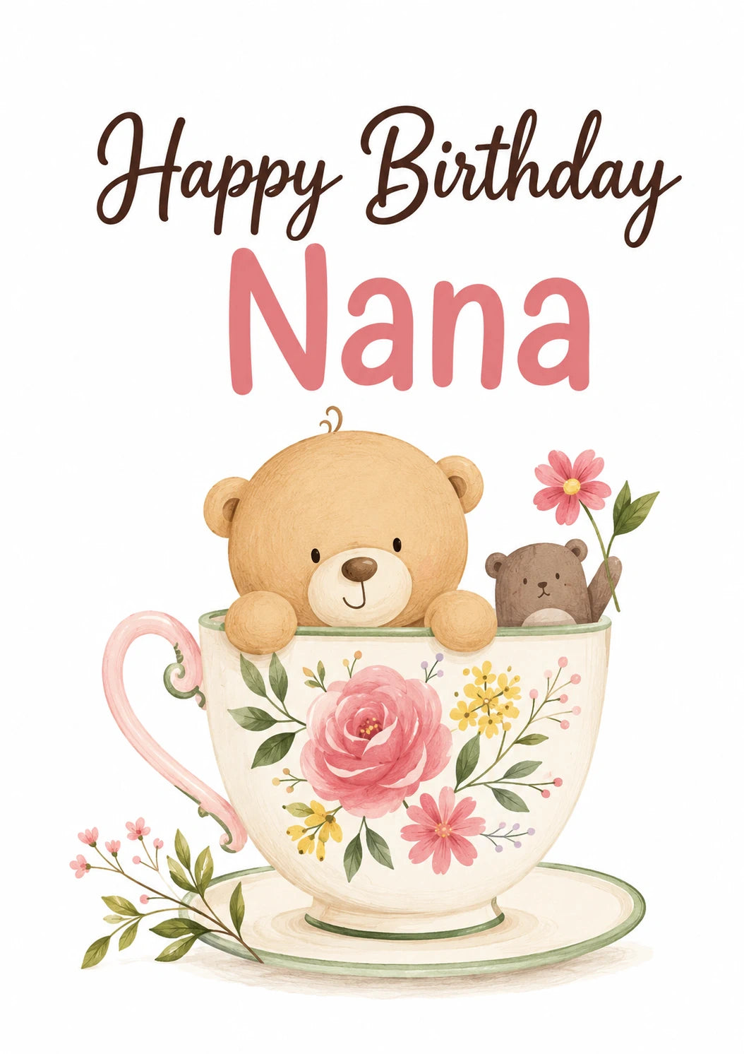 Cute Bears in Teacup Nana 95th Birthday Card for Her