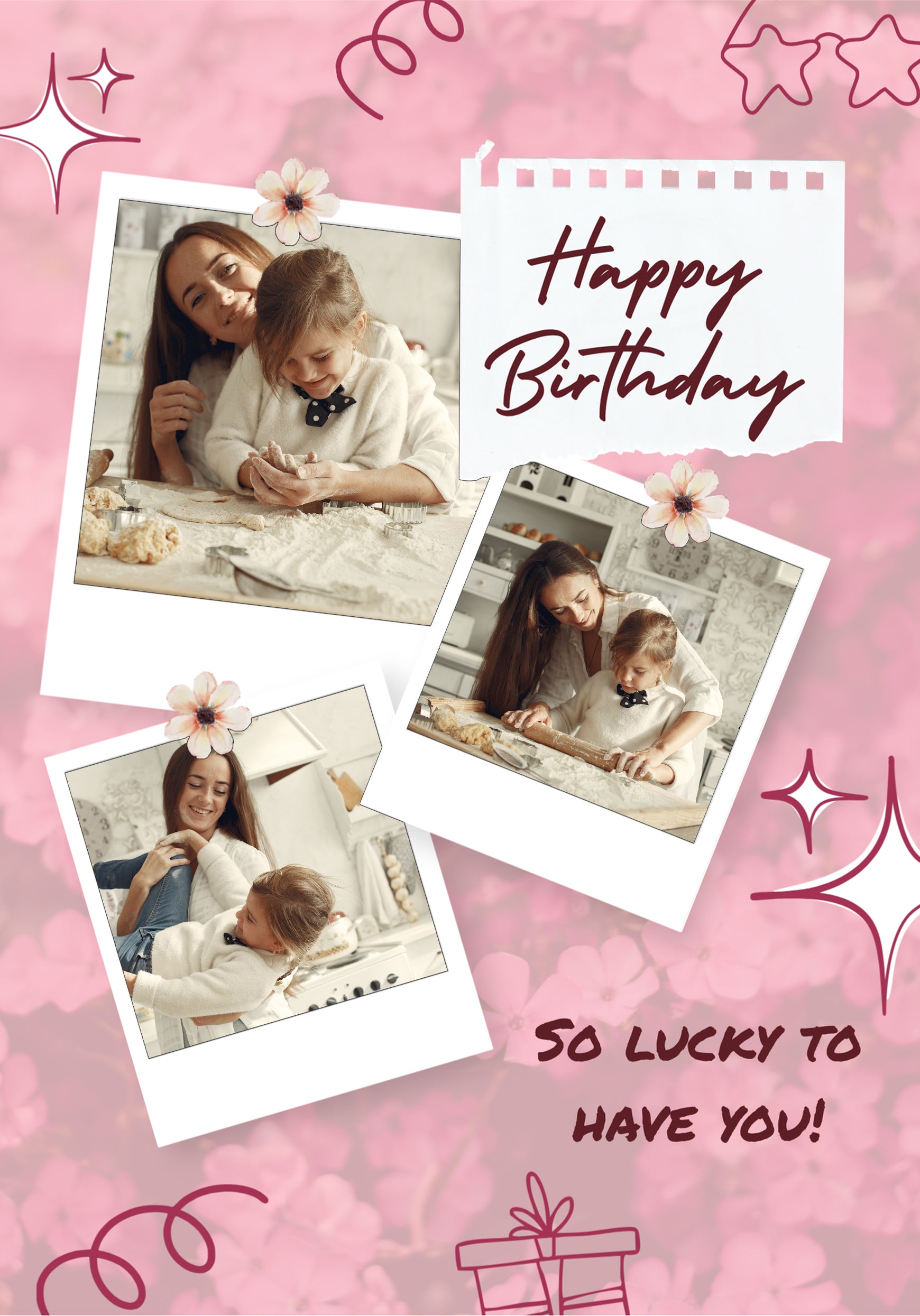 Pink Bokeh Floral Three Photo Upload Birthday Card for Her