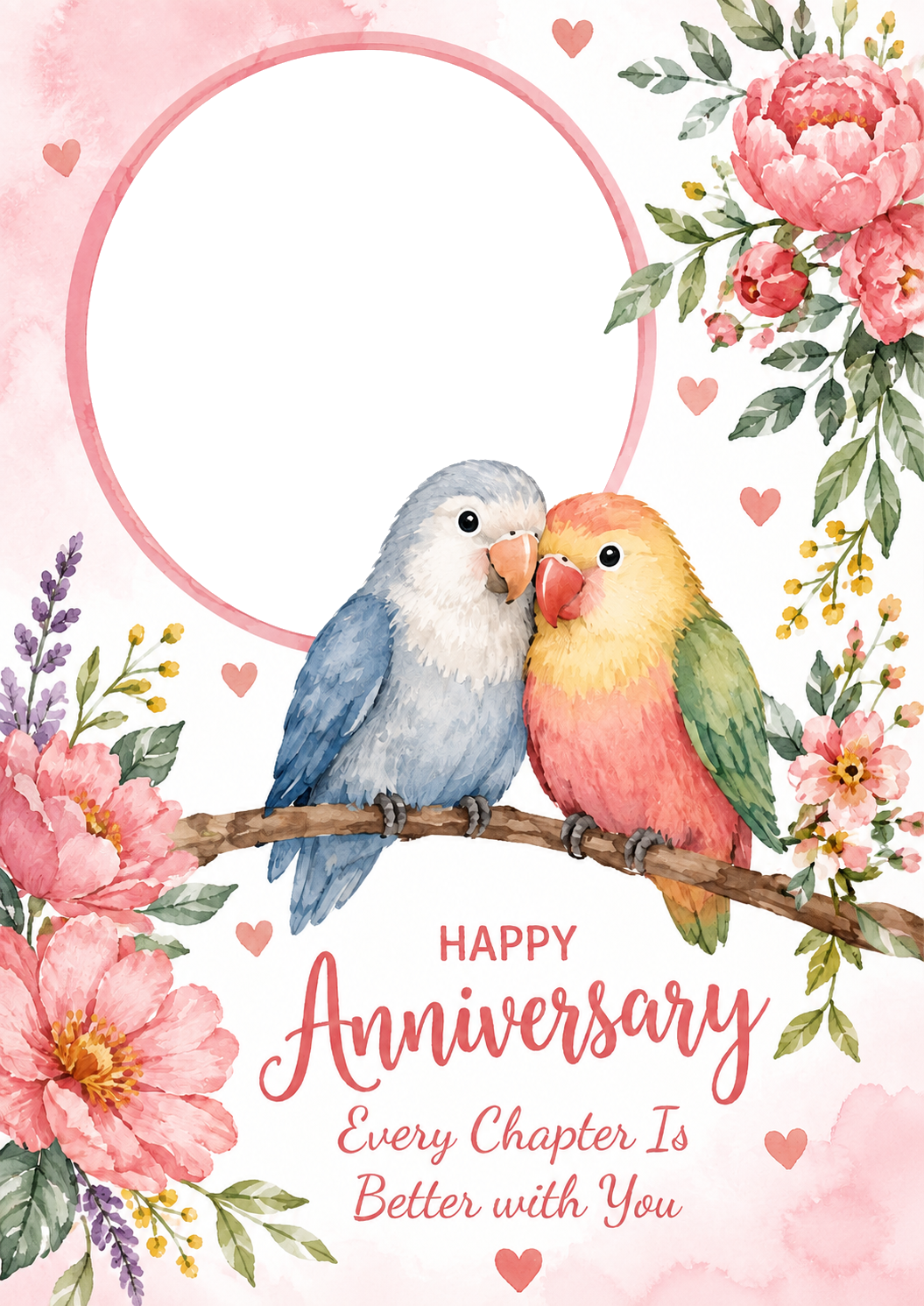 Lovebirds Floral Photo Upload Anniversary Card