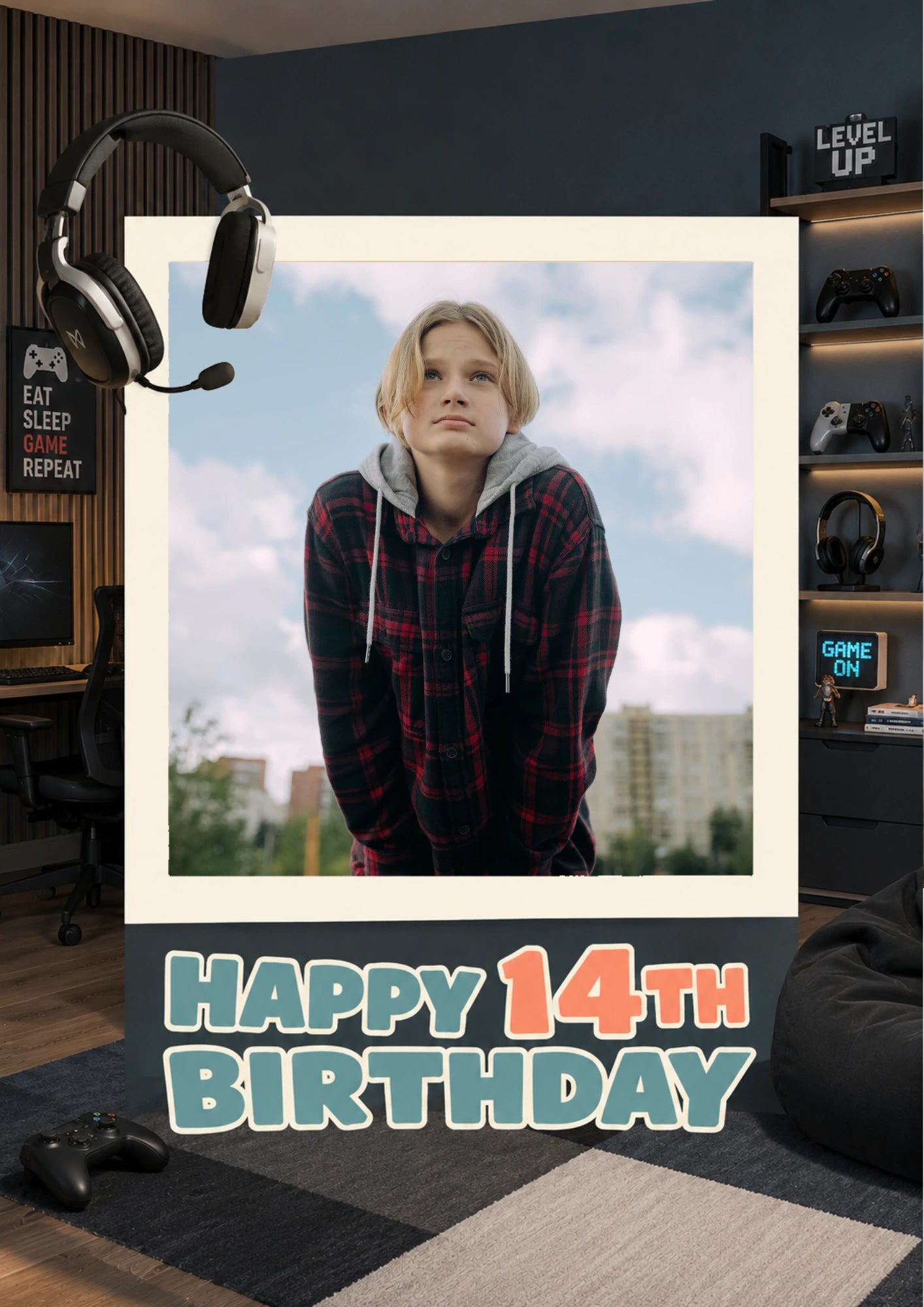 Gaming Room Level Up Photo Upload 14th Birthday Card for Him