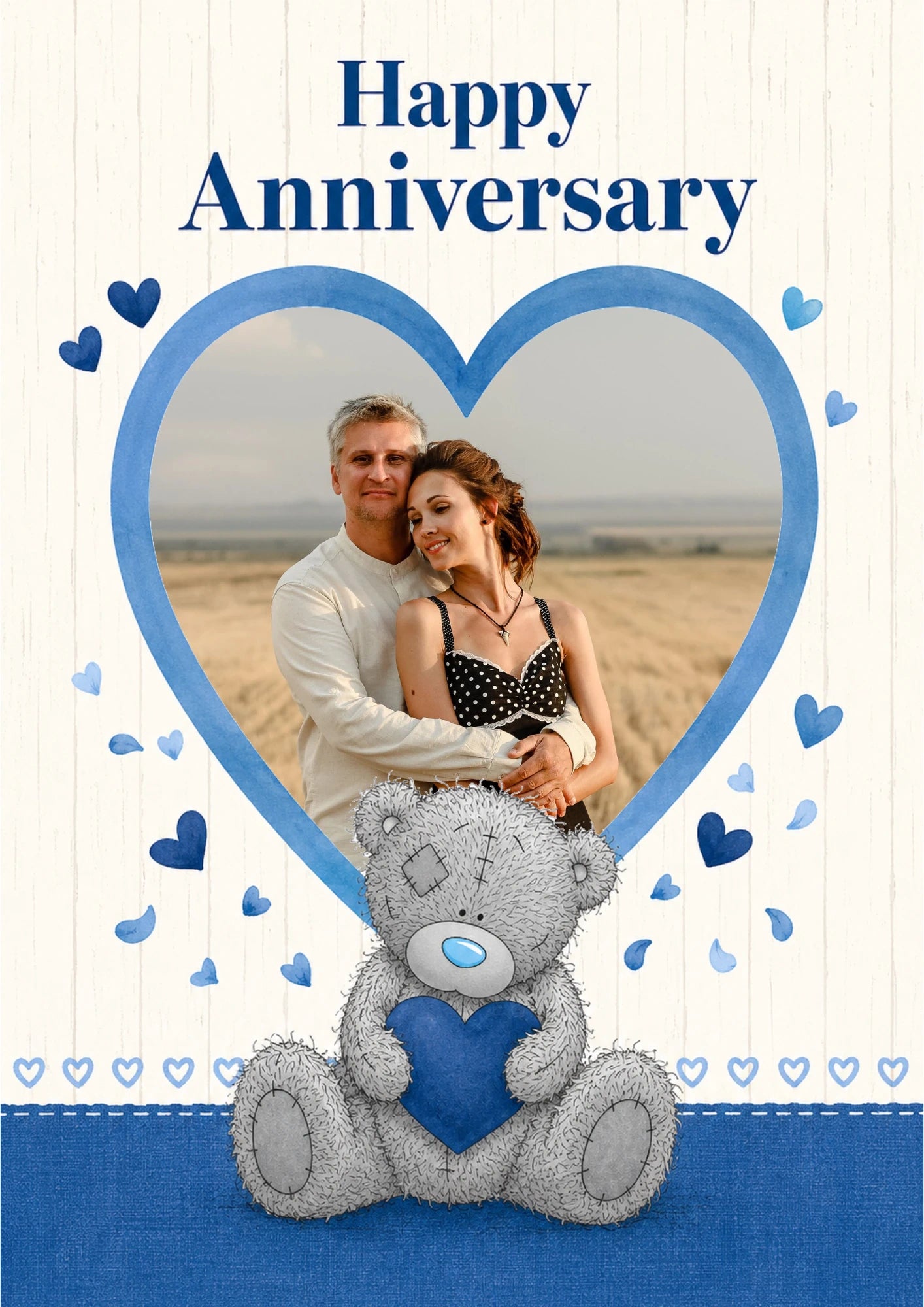 Tatty Teddy Blue Hearts Photo Upload Anniversary Card
