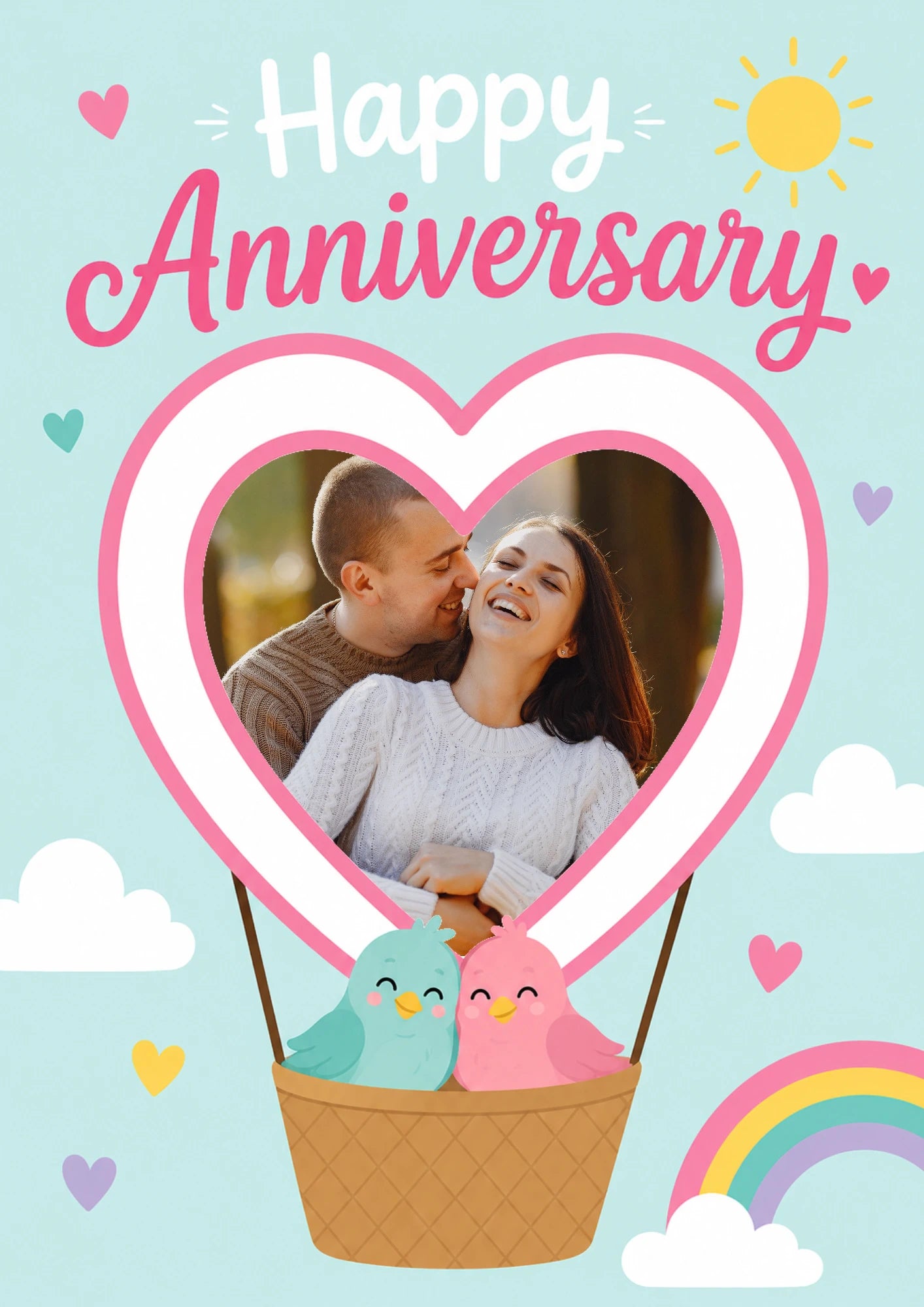 Cute Love Birds Heart Balloon Photo Upload Anniversary Card for Her
