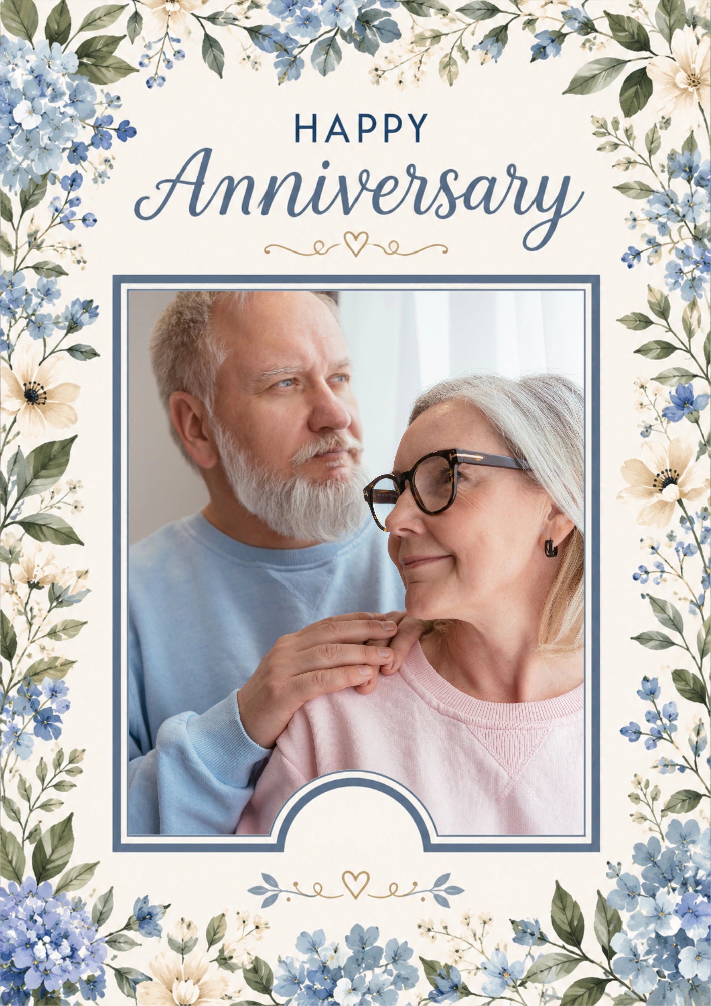 Blue Floral Border Photo Upload Anniversary Card