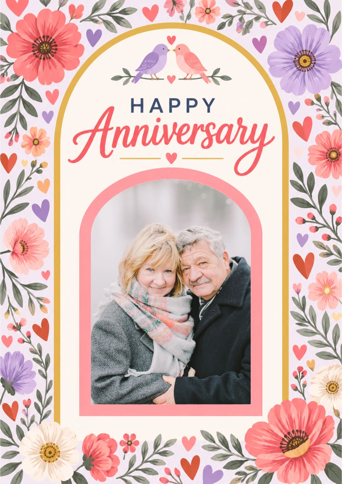 Floral Lovebirds Photo Upload Anniversary Card for Her