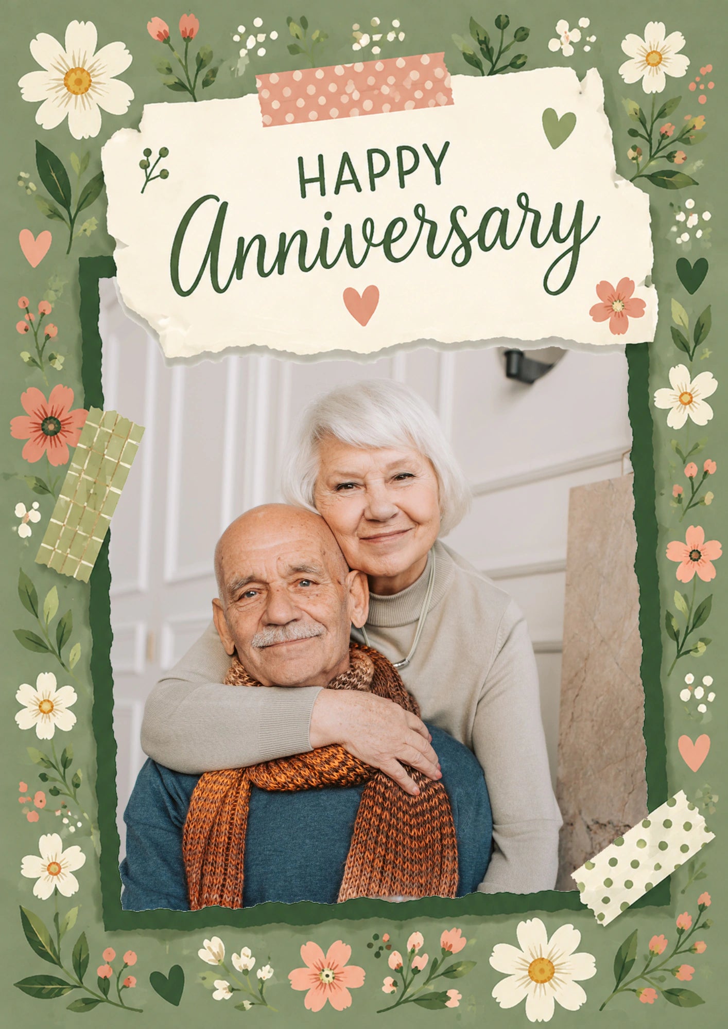 Sage Green Floral Scrapbook Photo Upload Anniversary Card