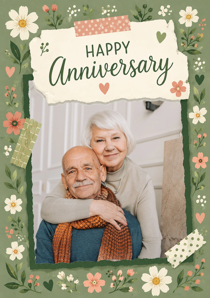 Sage Green Floral Scrapbook Photo Upload Anniversary Card