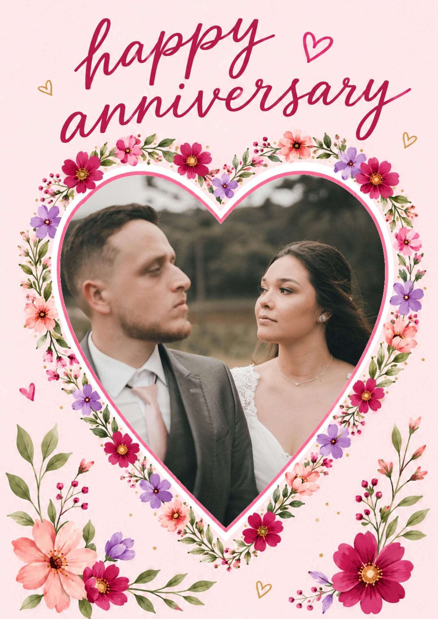 Floral Heart Photo Upload Anniversary Card for Her