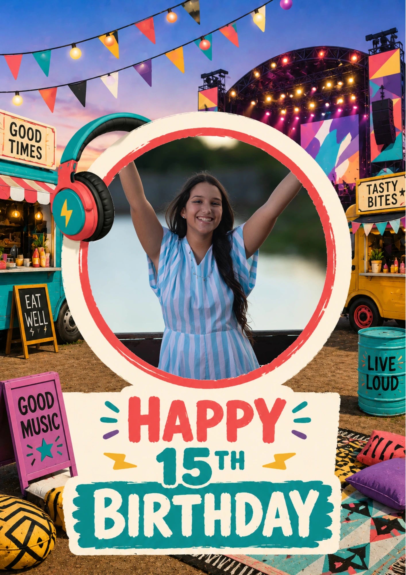 Music Festival Happy 15th Birthday Photo Upload Birthday Card for Her