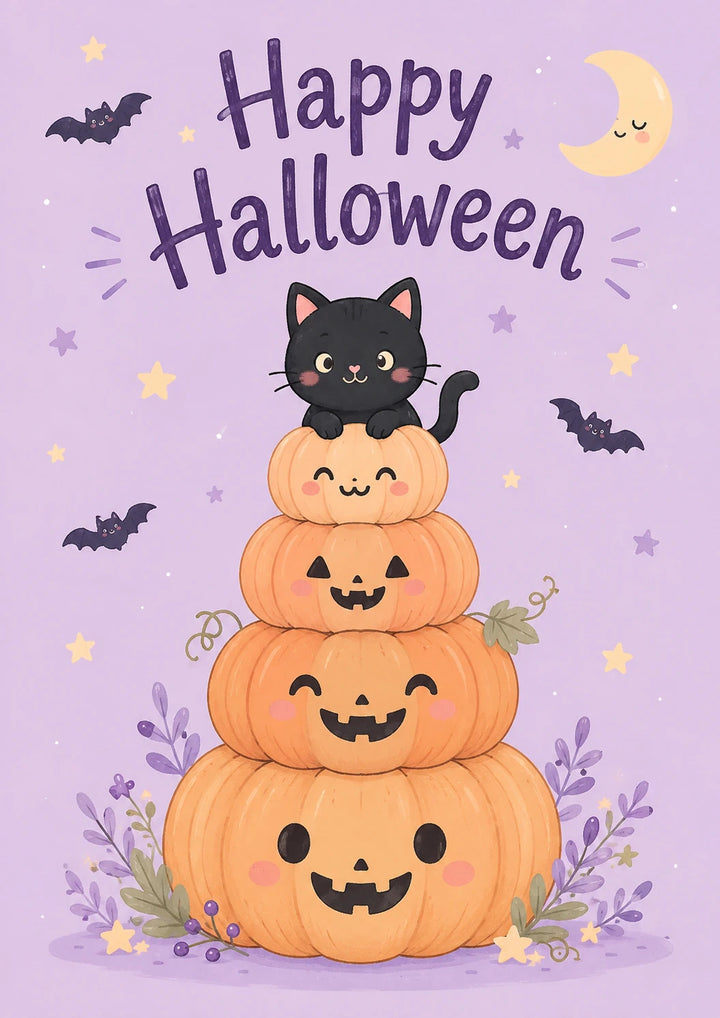 Cute Black Cat Stacked Pumpkins Halloween Card