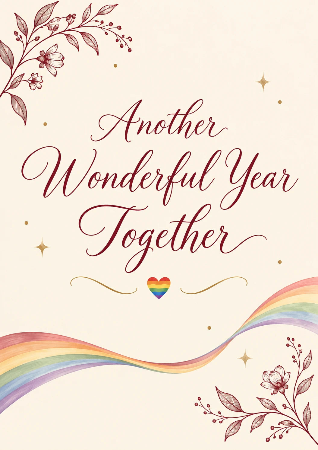 Rainbow Heart Floral Script LGBTQ+ Anniversary Card