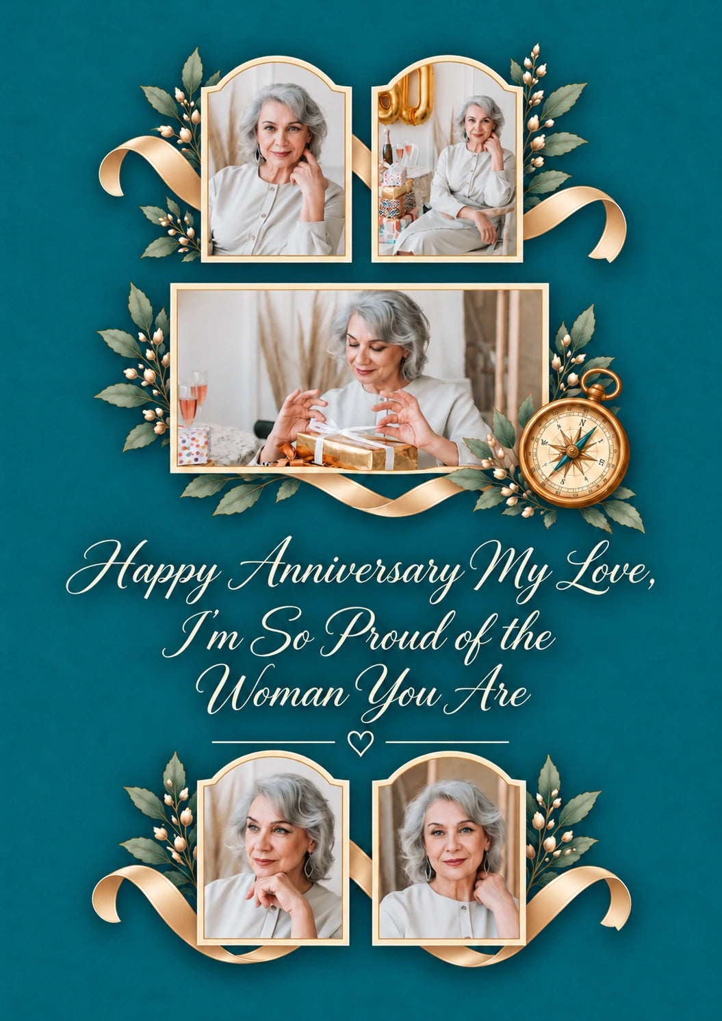 Teal Gold Floral Multiple Photo Upload Anniversary Card for Wife