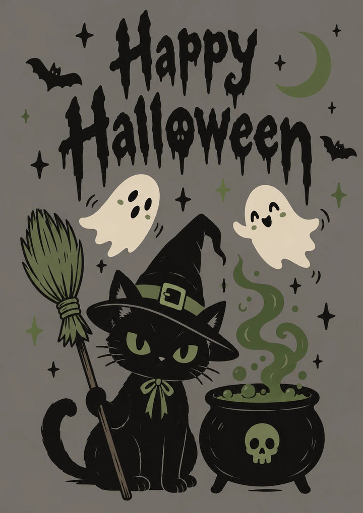 Black Cat Witch Cauldron and Ghosts Halloween Card
