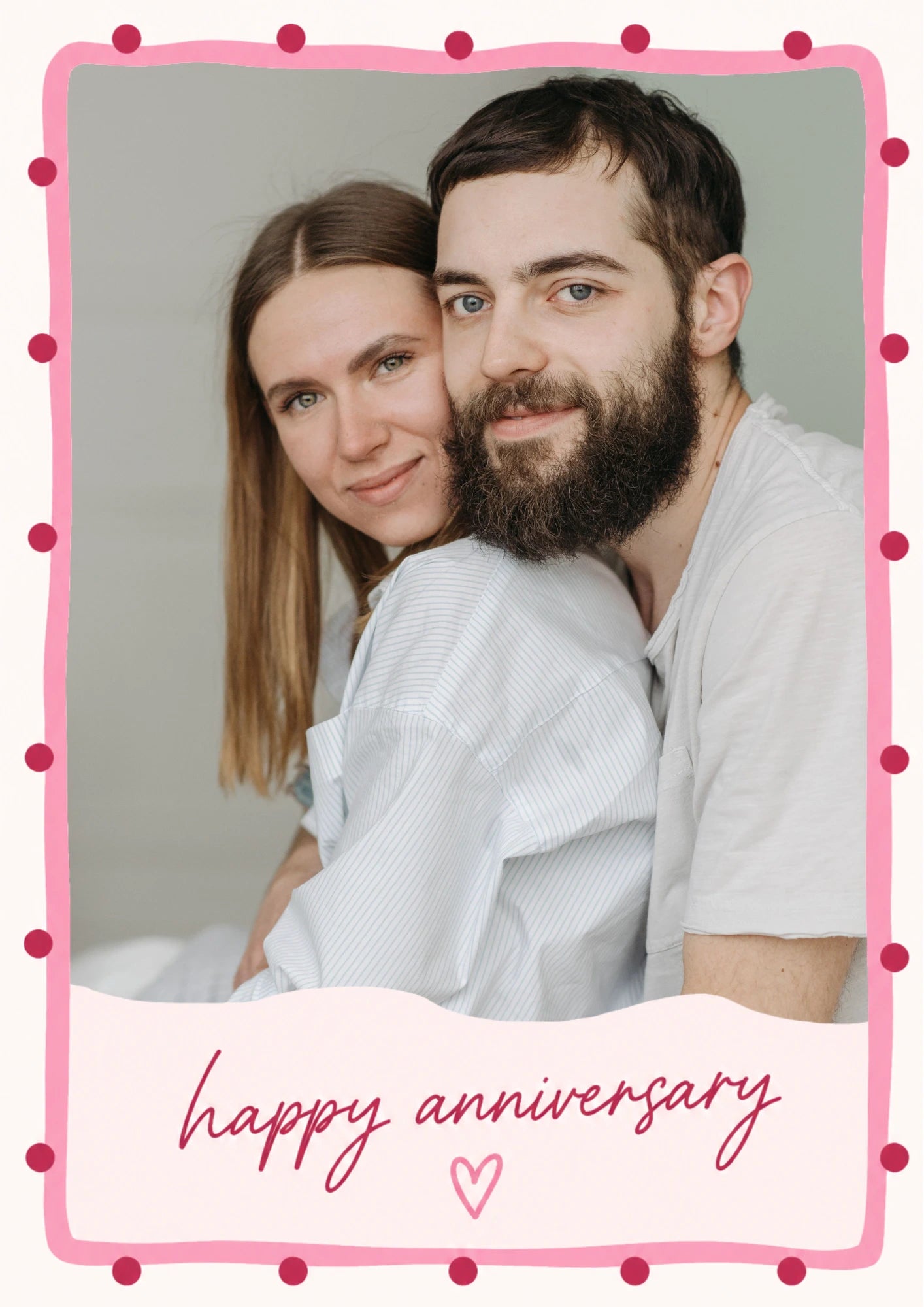 Pink Dotty Border Photo Upload Anniversary Card for Her