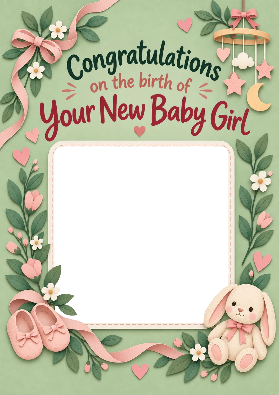 Sage Green Floral Bunny Photo Upload New Baby Card for Niece