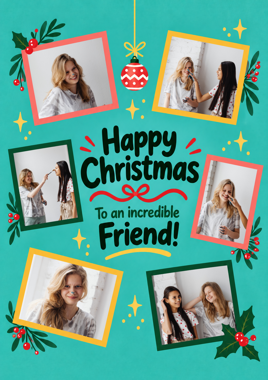 6 Photo Teal Festive Frames Photo Upload Christmas Card for Friend