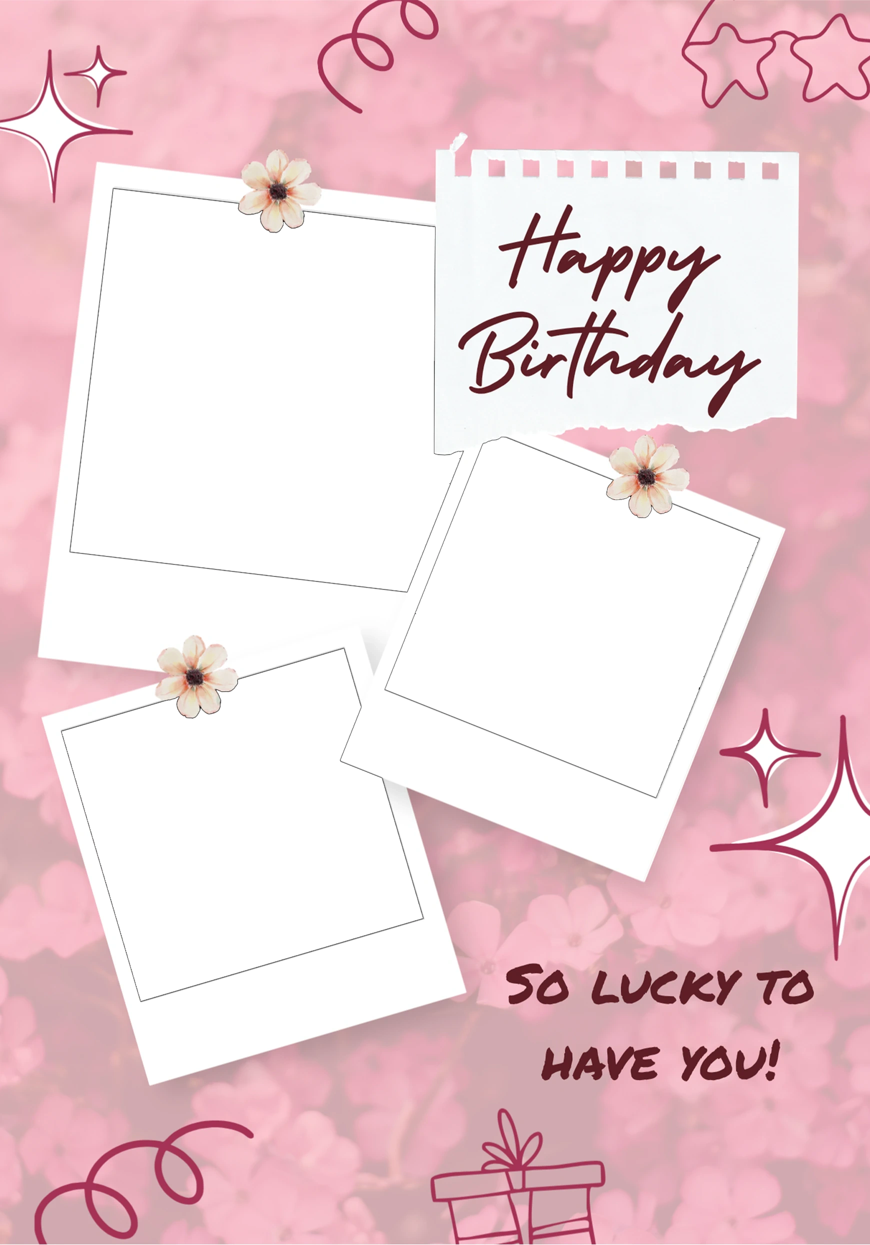 Pink Bokeh Floral Three Photo Upload Birthday Card for Her