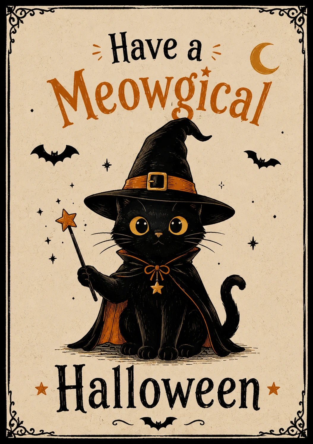 Funny Meowgical Black Cat Witch Halloween Card