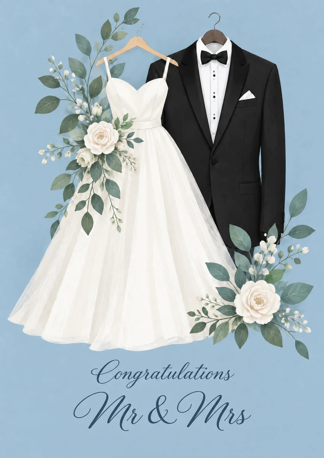 White Dress and Tuxedo Floral Wedding Card