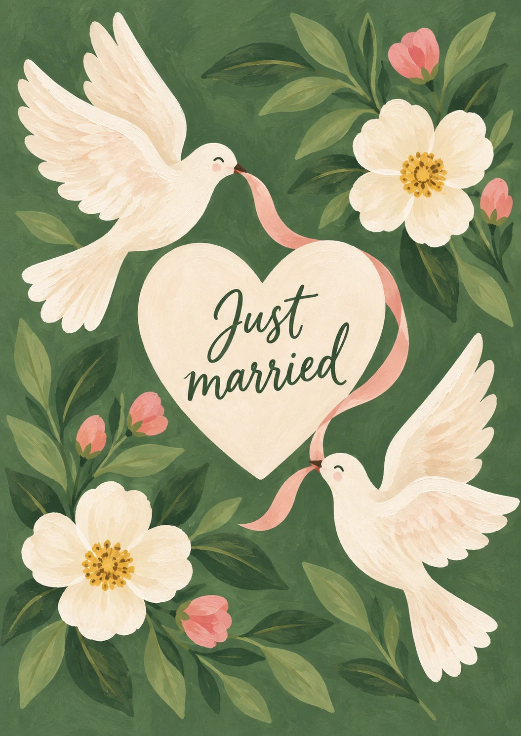 Two Doves Heart Just Married Wedding Card
