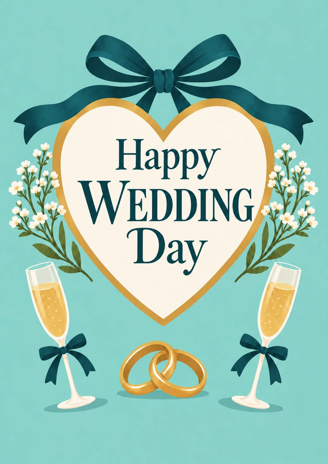 Teal Bow Heart and Champagne Flutes Wedding Card