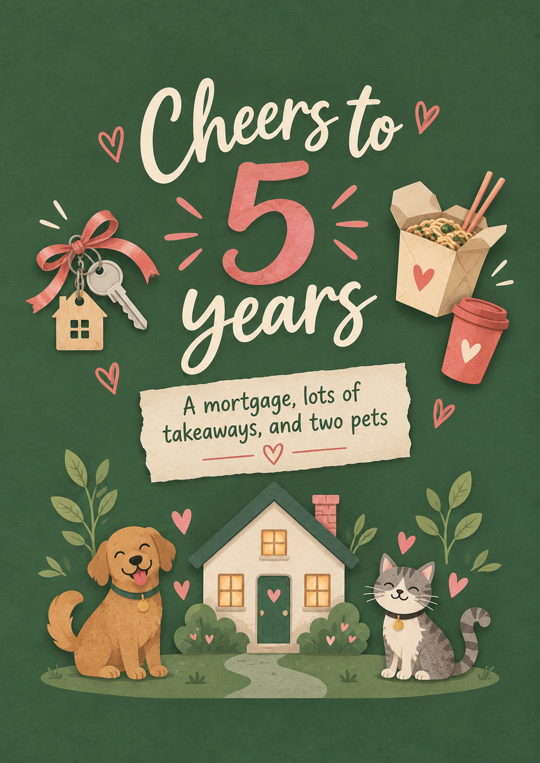 Funny Mortgage Takeaways and Two Pets 5th Anniversary Card