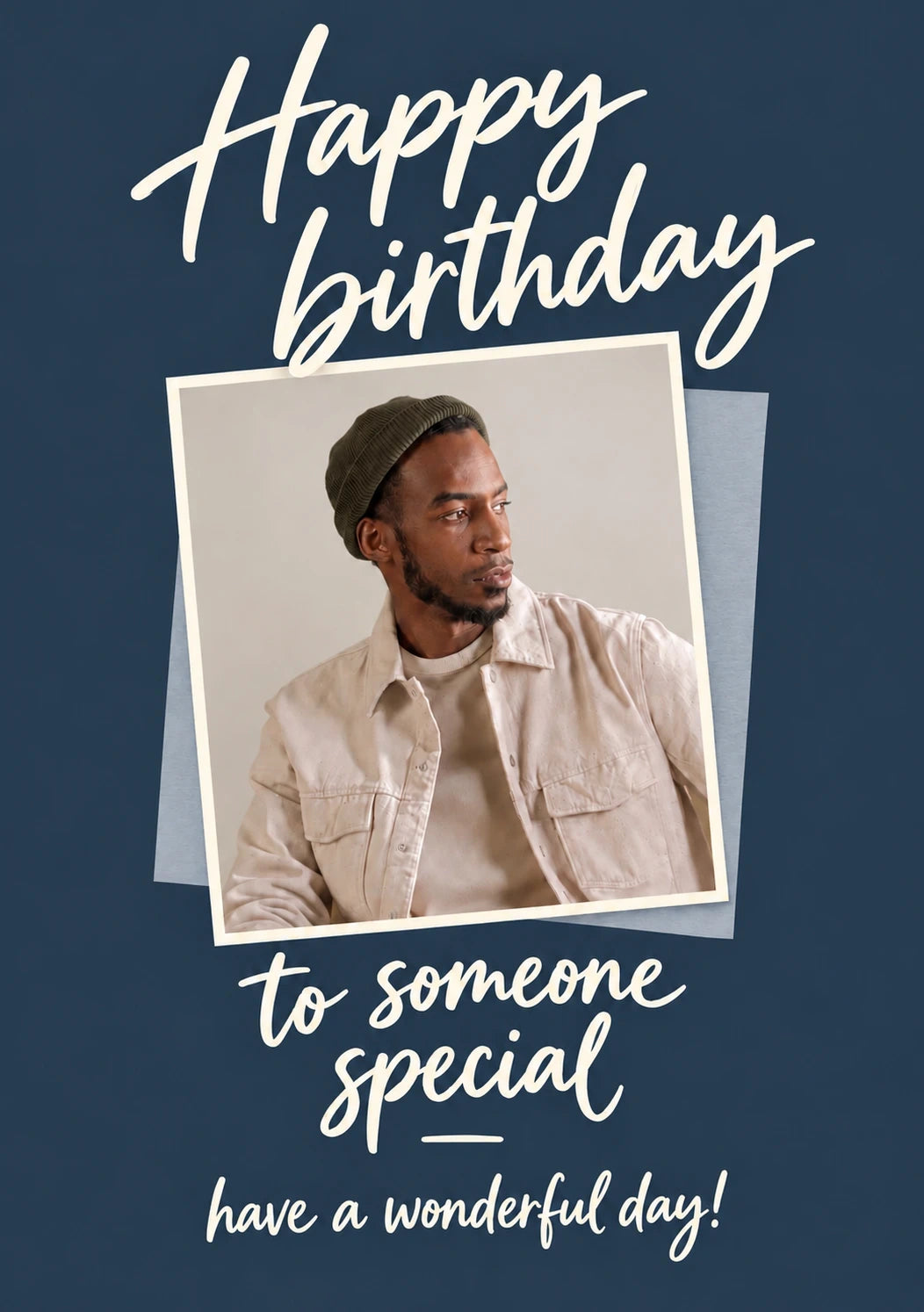 Navy Blue Script Happy Birthday Photo Upload Birthday Card for Him