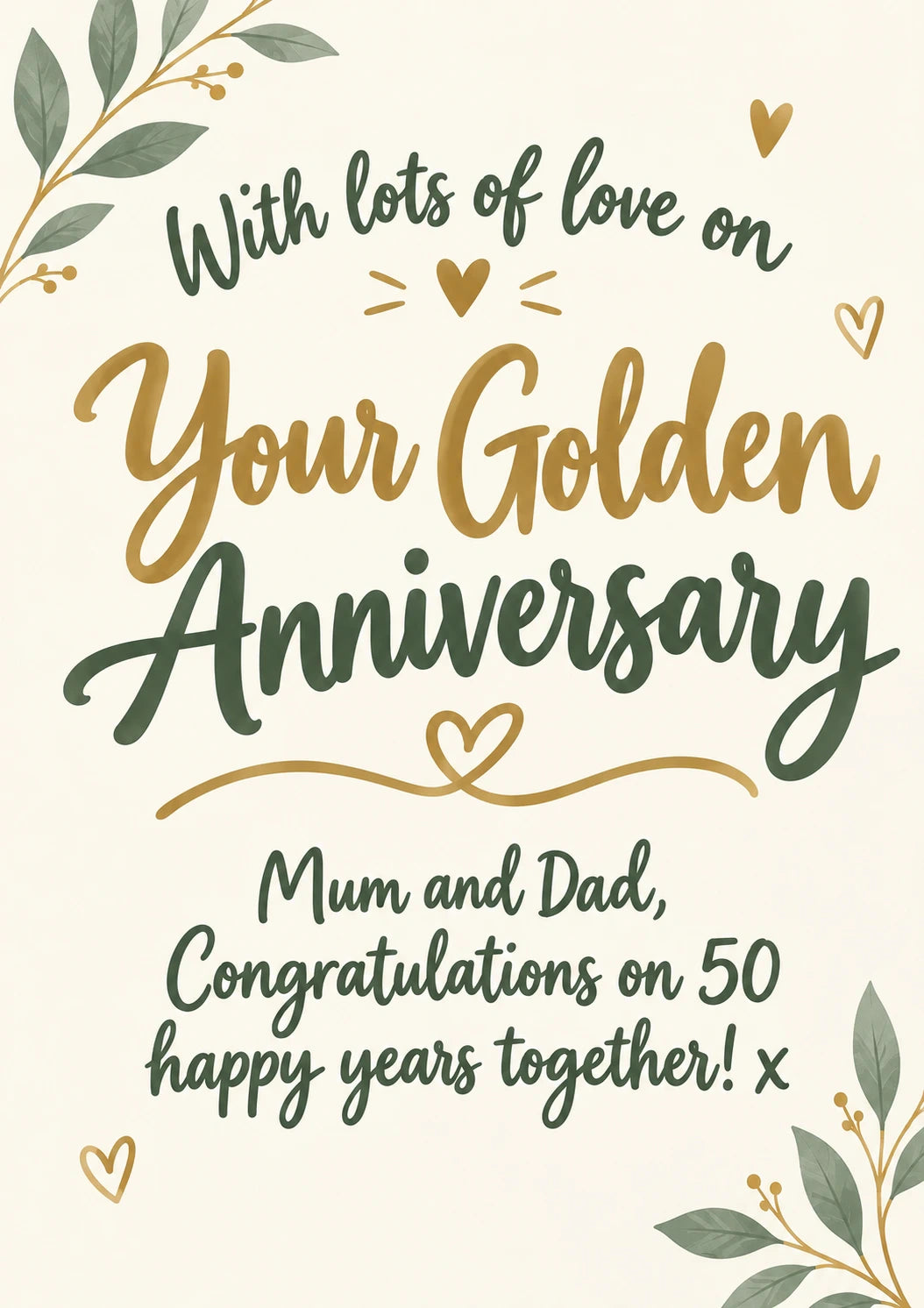 Green and Gold Botanical 50th Anniversary Card for Mum and Dad