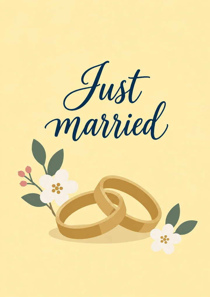 Just Married Gold Rings Floral Wedding Card