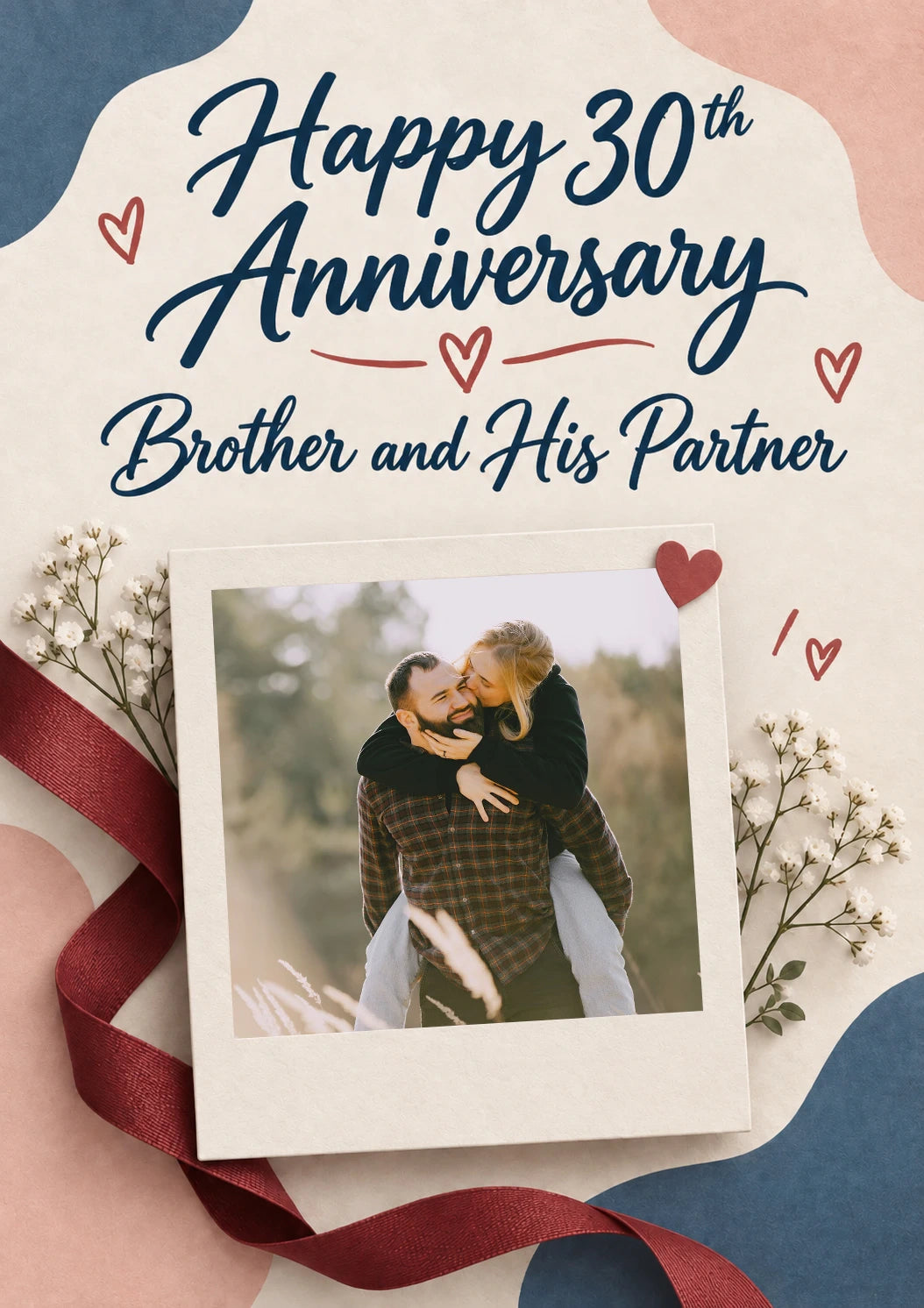 Romantic Floral Hearts Photo Upload 30th Anniversary Card for Brother and His Partner