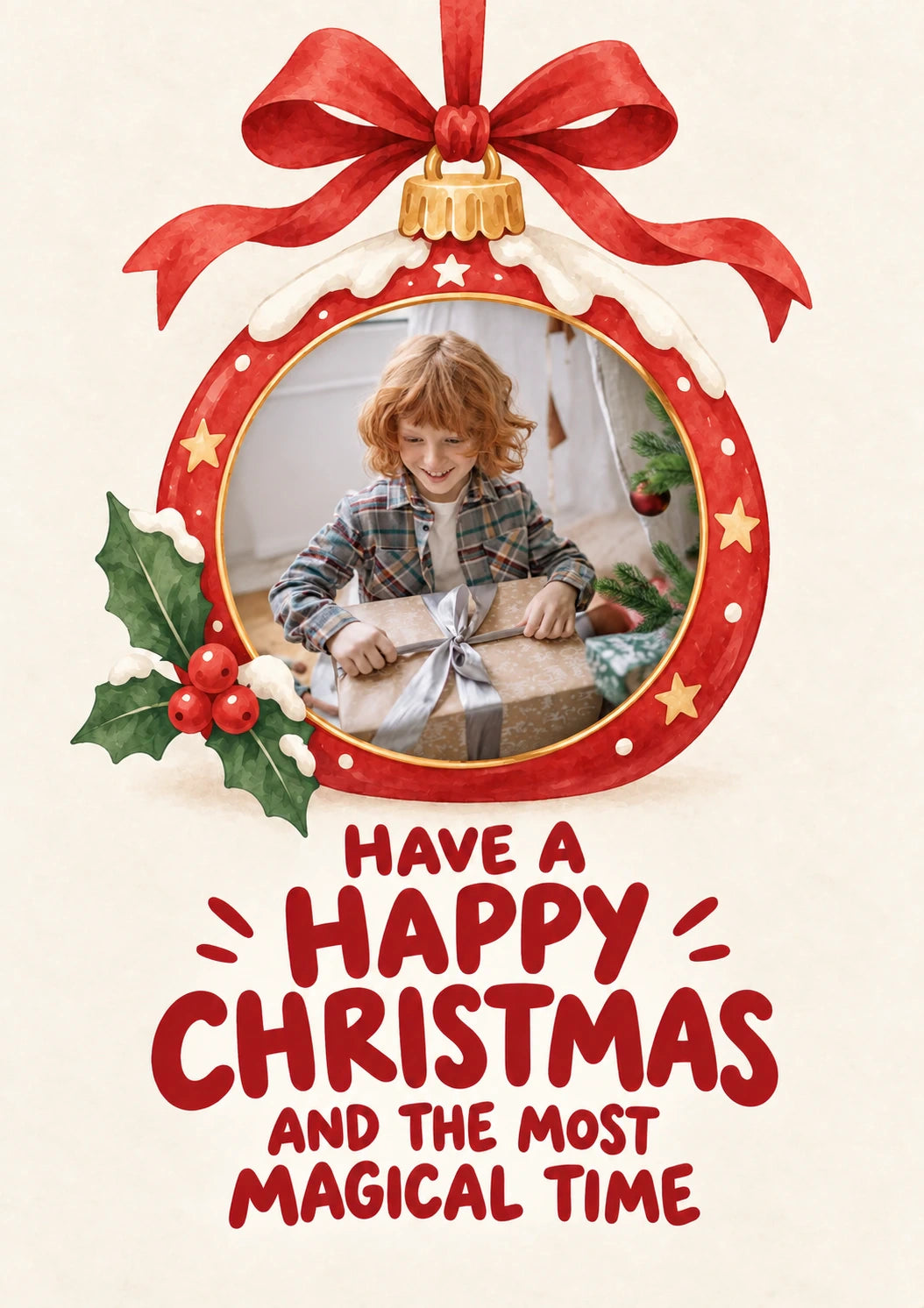 Festive Bauble Holly Photo Upload Christmas Card for Nephew