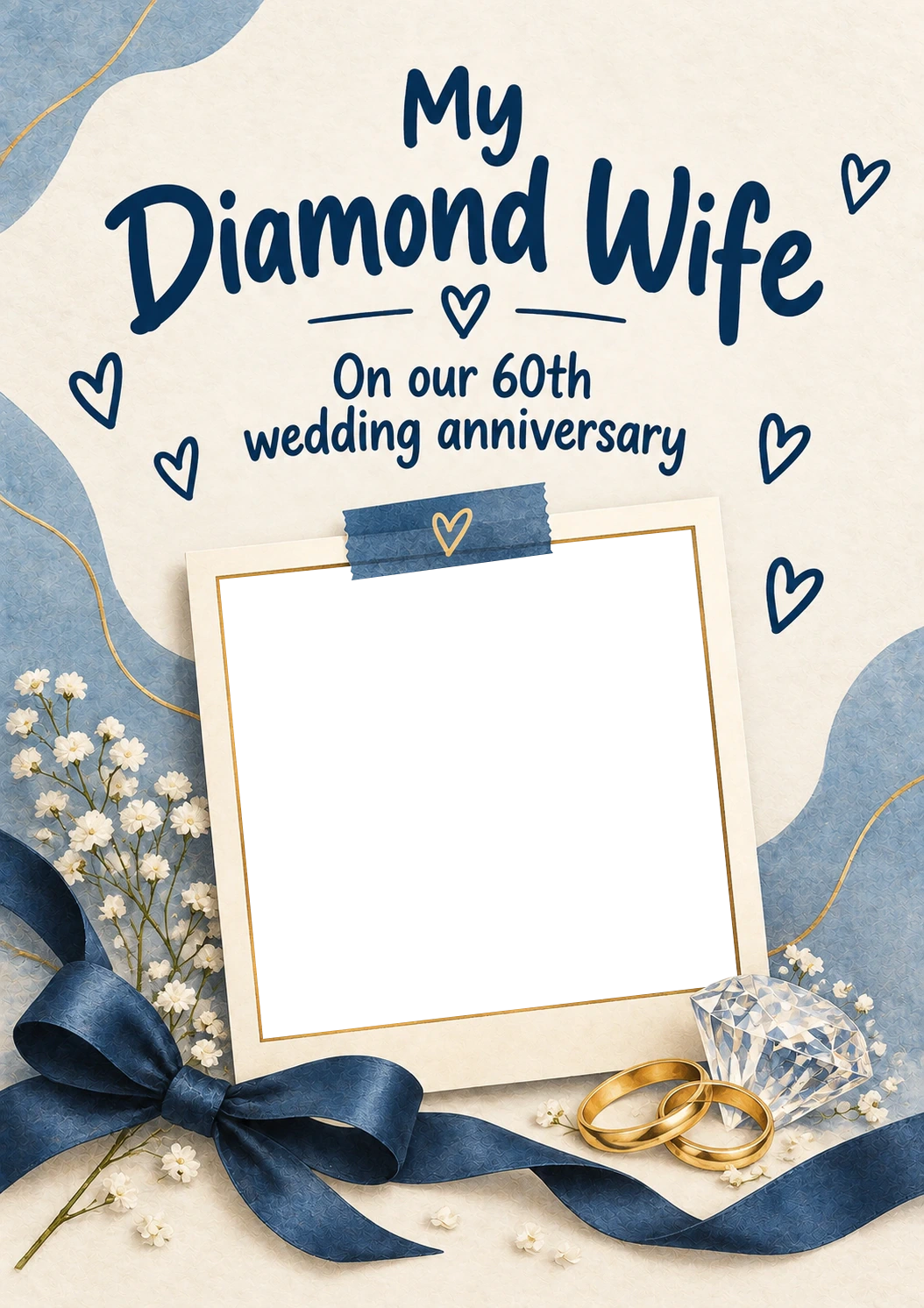 Diamond Wife Blue Bow Photo Upload 60th Anniversary Card for Her
